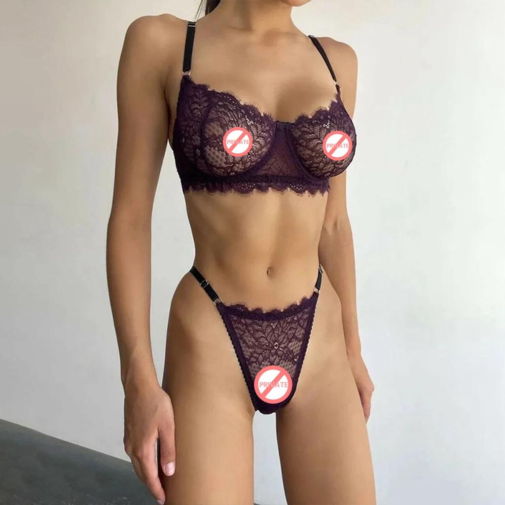 Sexy Lace Lingerie Push-up Bra With Thong Stockings Set French Lingerie