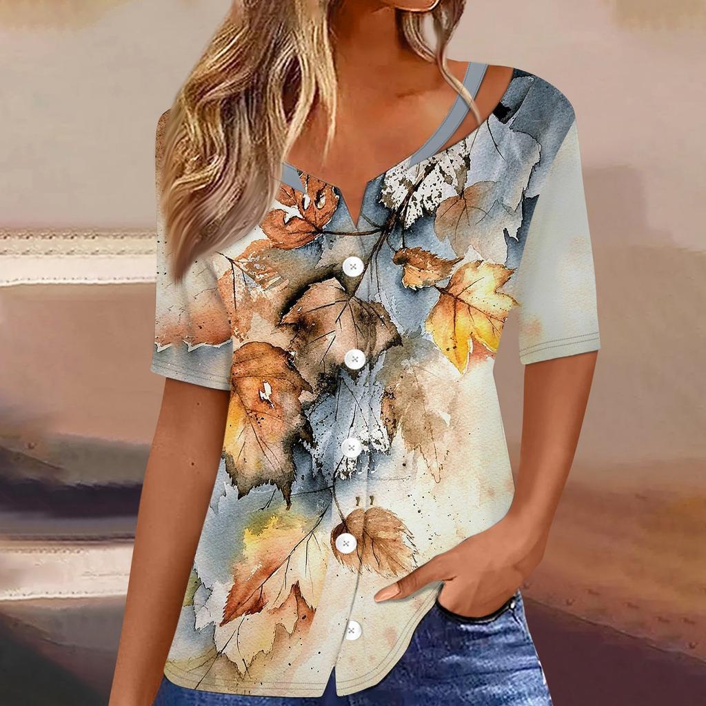 Damen T-Shirt mit Aufdruck, kurzärmelig, V-Ausschnitt, Knopfleiste, Strickjacke, T-Shirt, Top