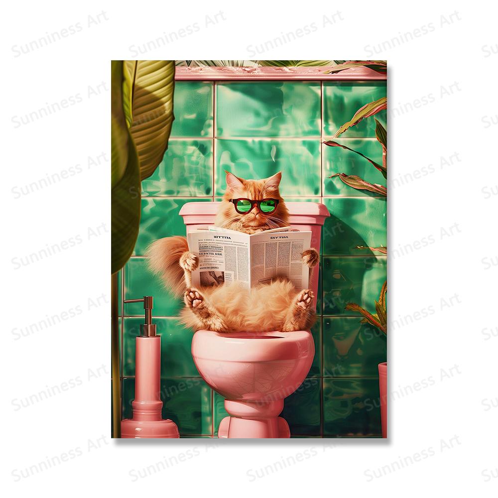 Humor Funny Cats Reading The Newspaper on Toilet Art Canvas Print Painting Poster for Living Room Bathroom Home Wall Decoration