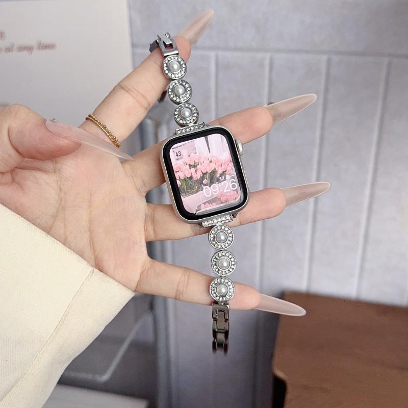 French Style Pearl Metal Chain Band for Apple Watch 11, iWatch 10987E, Huawei GT6, Xiaomi 9