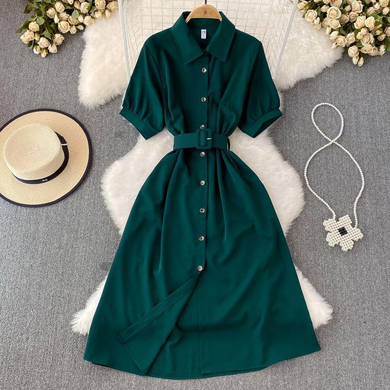 

Summer Vintage Single-Breasted A- line Dress Short Sleeve Dark green One size