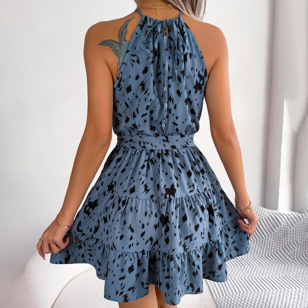 INS Style Spring and Summer Casual Leopard Print Ruffles Big Swing Neck Dresses