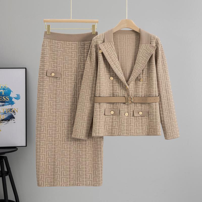 Autumn Winter Women Designer Knitted Sweater Two Piece Set Blazer Collar Cardigans Coat and Long Maxi Sheath Skirt Outfits With Belt