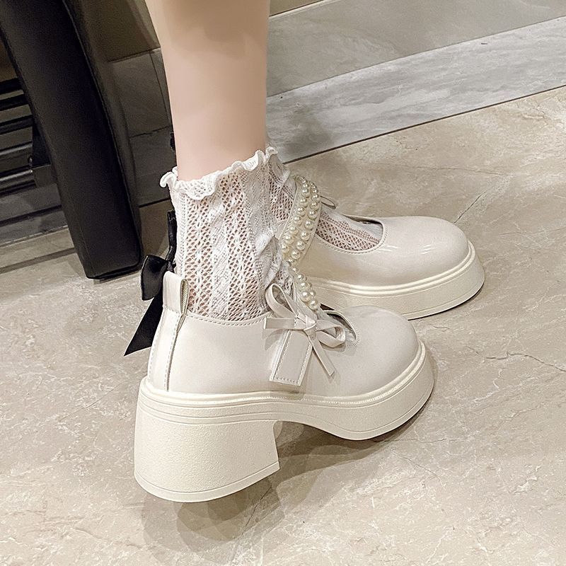 2025 New Retro Spring Sweet Korean Skirt Mary Jane Shoes Women's French Fairy Pearl Platform Single Shoes Leather Shoes