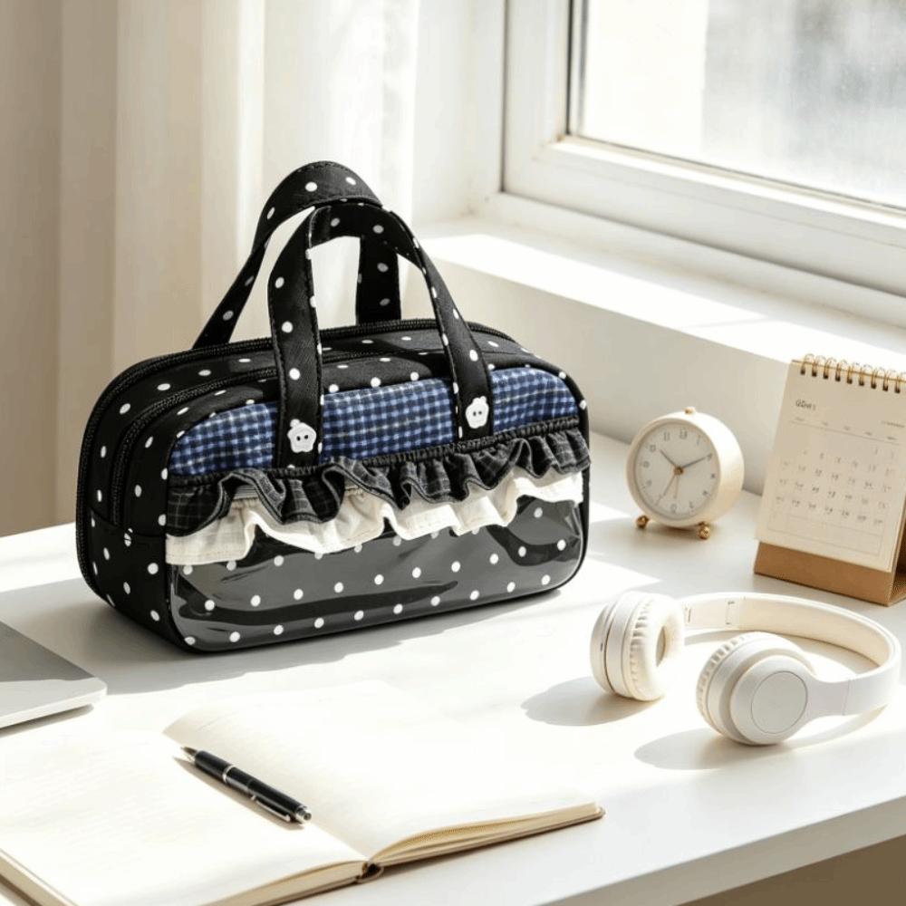Multi-Layer Lace Stationery Pouch Plaid Polka Dot Lace Stationery Bag Lace Pencil Case Office Use