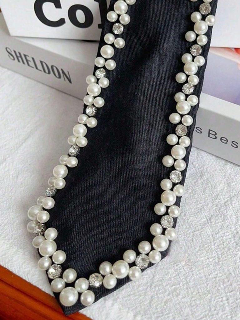 1pc Elegant Women's Pearl Necktie, Handmade Pearl Decorated Tie, Adjustable Silk Pre-Tied Necktie, Suitable For Formal Occasions