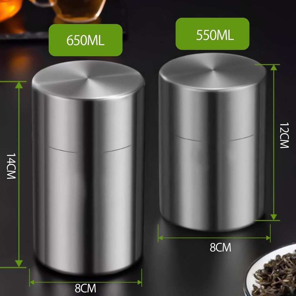 LILIWER Tea Caddy, Tea Canister, Tea Storage Container, 304 Stainless Steel Tea Canister with Double Lid Design for Superior Airtightness, Light
