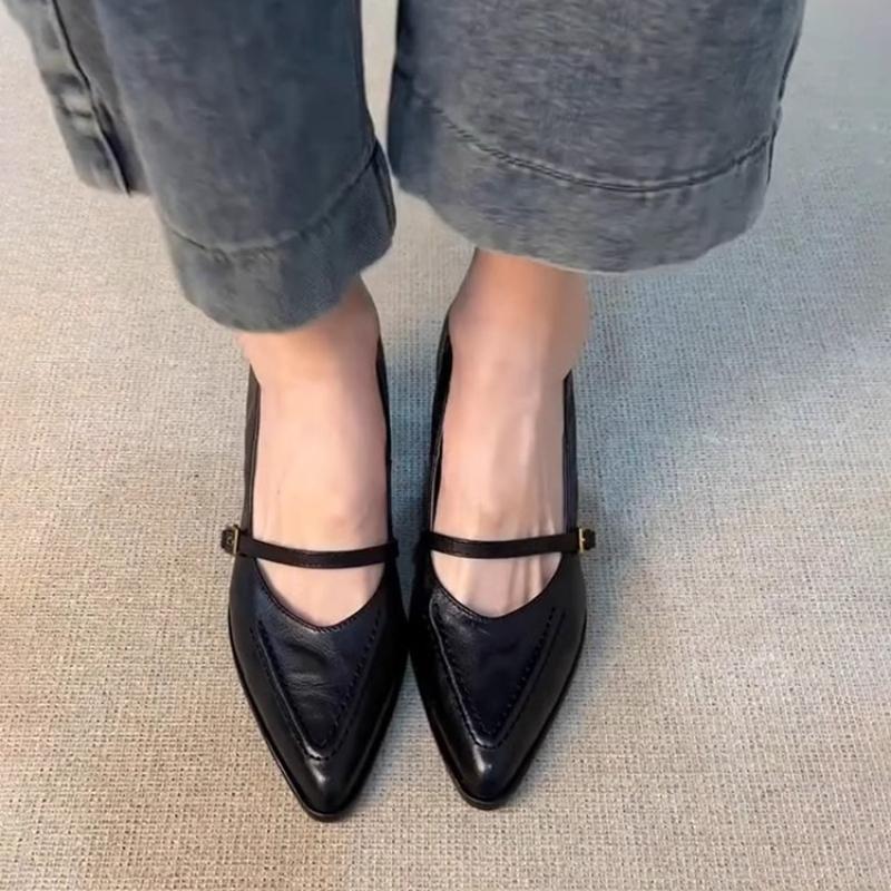 Vintage Frühling Dicke Ferse Damen Mary Jane Schuhe Flacher Schnallenriemen Schuhe Damen Elegant Spitze Zehen Tanzparty Pumps