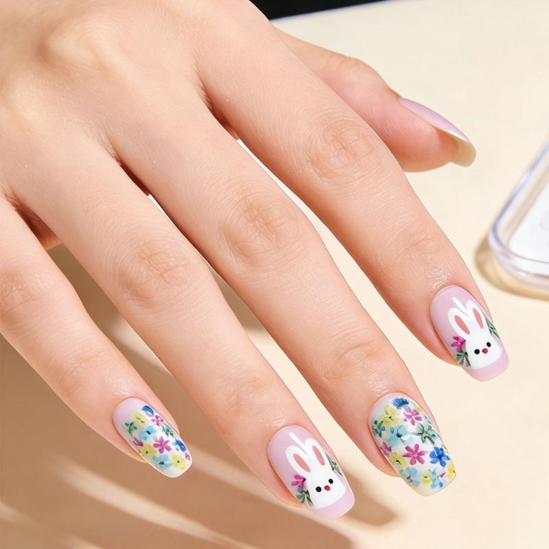 ABS Material Short Square Artificial Nail Featuring Rabbit Patterns And Floral Art For Festive Occasions