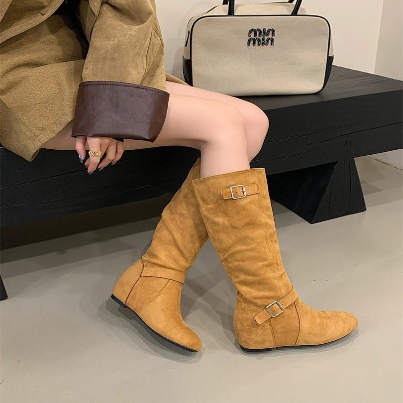 2025 new Dongdaemun, inner height increase 5cm long boots Korean fashion buckle design stacked medium boots women
