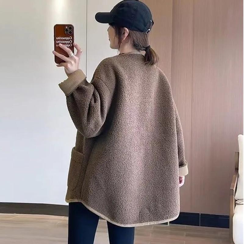 Wool Jacket Women's Autumn/Winter Short Loose and Thicken Baseball Jackets Female O Neck Casual Outwear Tops