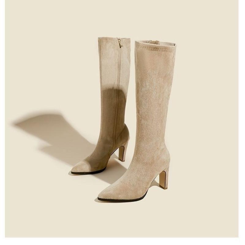 Elastic Skinny Boots High Heel Over Knee Pointed Boots Winter Skinny Suede Boots Coarse Heel Boots Women