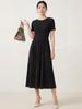 2026 Women's Summer A-Line Dress: High-End, Solid Color, Round Neck, Short Sleeve, High Waist, Slimming Miyake Style.