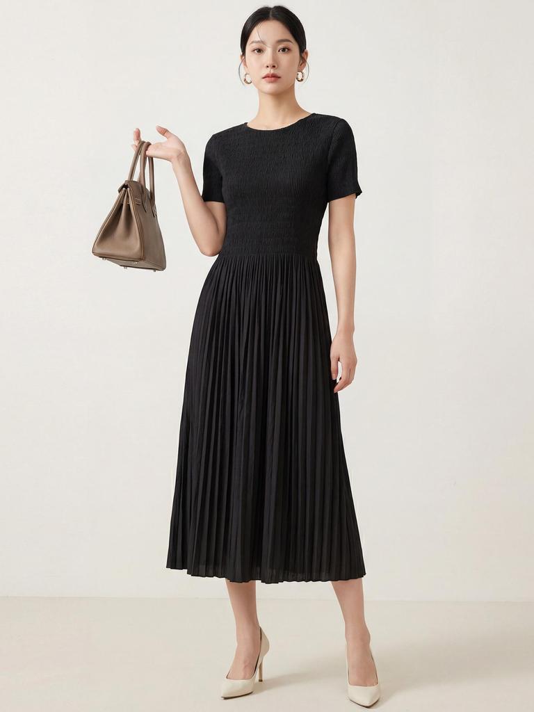 2026 Women's Summer A-Line Dress: High-End, Solid Color, Round Neck, Short Sleeve, High Waist, Slimming Miyake Style.