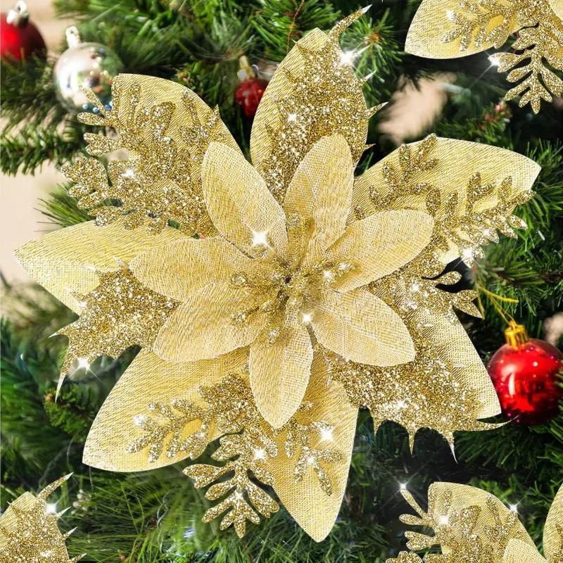 Christmas Artificial Flowers Gold Red Glitter Poinsettia with Clips Xmas Tree Ornaments DIY Wreath Wedding New Year Decorations