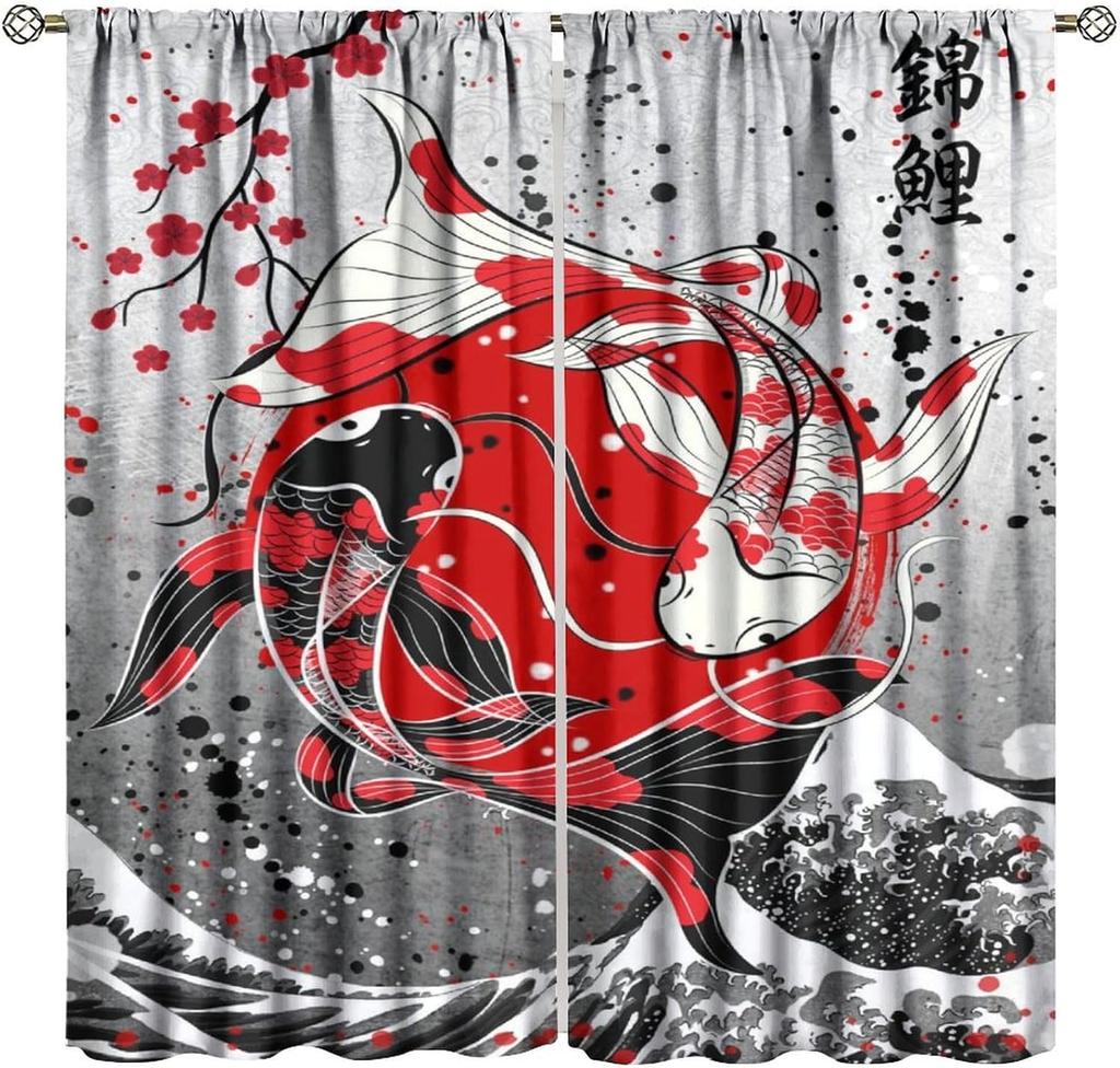Japanese Anime Samurai Curtains Watercolor Ink Samurai Red Sun Shrine Mount Fuji Blackout Window Treatment Living Room Bedroom