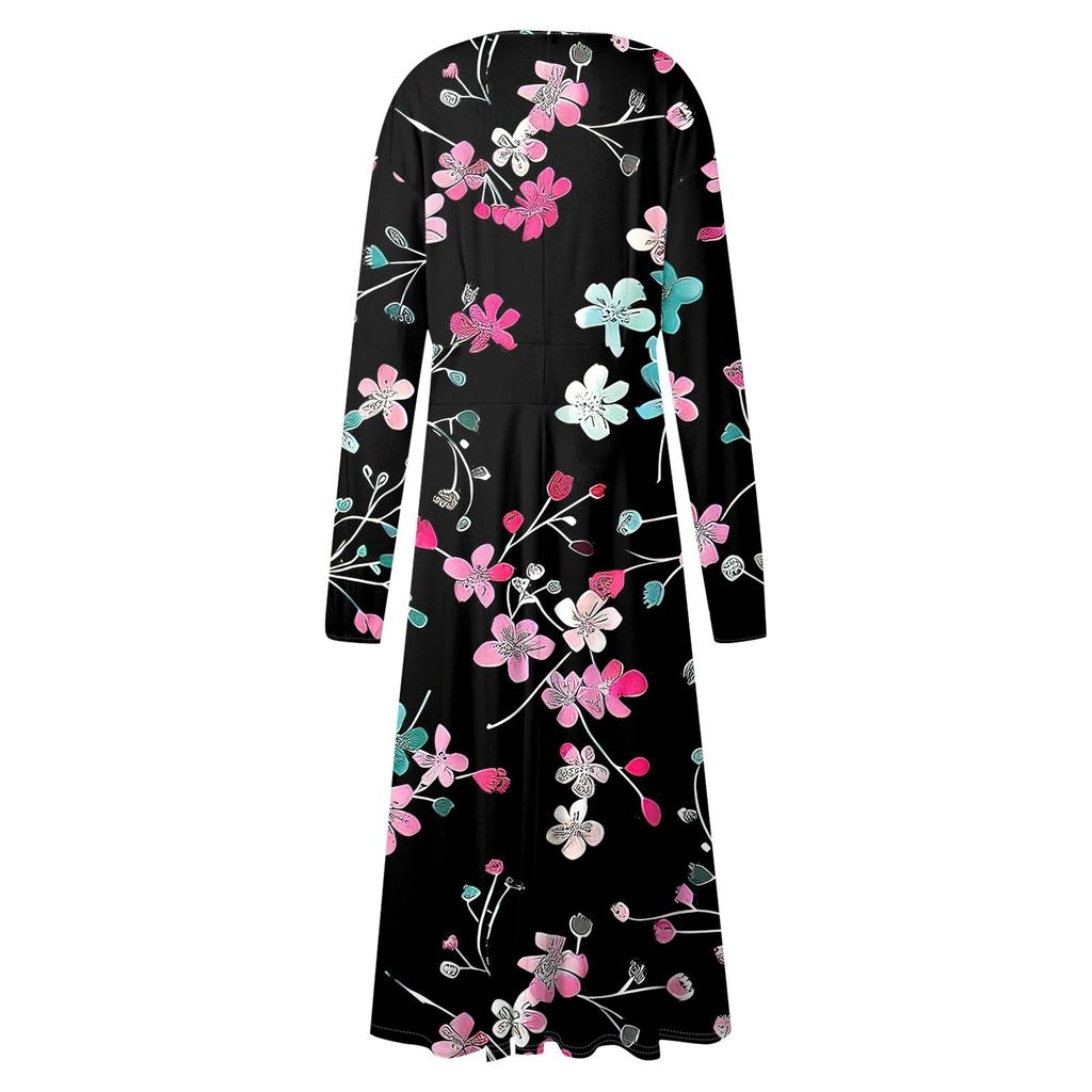 Damen Herbst und Winter Casual Fashion V-Ausschnitt Langarm Print Langes Kleid