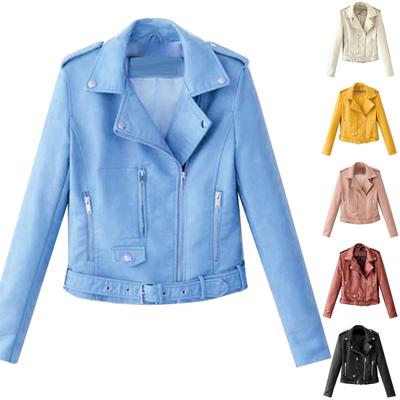 Lady Leather Long Sleeve Lapel Zipper Button Pocket Motorcycle Jacket Short Coat