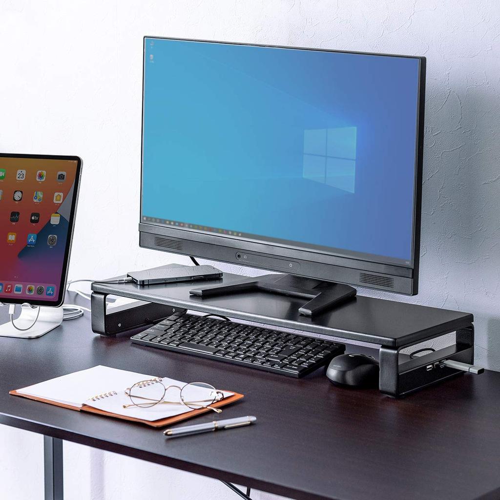 Sanwa Direct Monitor Stand with 3 USB Ports and 2 Power Strips, 60cm Wide x 20cm Deep, Black, Tabletop, Model 100-MR039BK