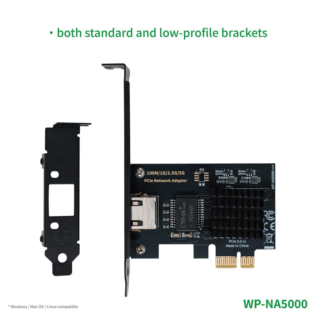WisdPi PCIe x1 5Gbps Wired Ethernet Adapter Realtek RTL8126 3.0 Base-T (WP-NA5000)