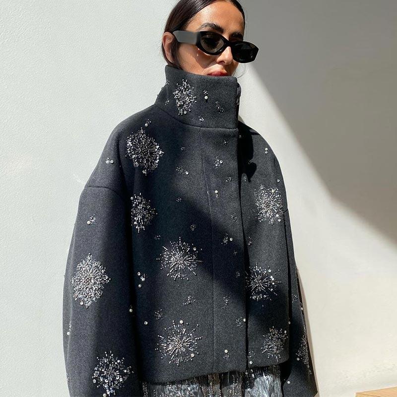 Casual Embroidery Beading Loose Women Coat Lapel Collar Bat Sleeve Solid Wool Blend Jacket 2025 Lady Luxury Spring Outerwear