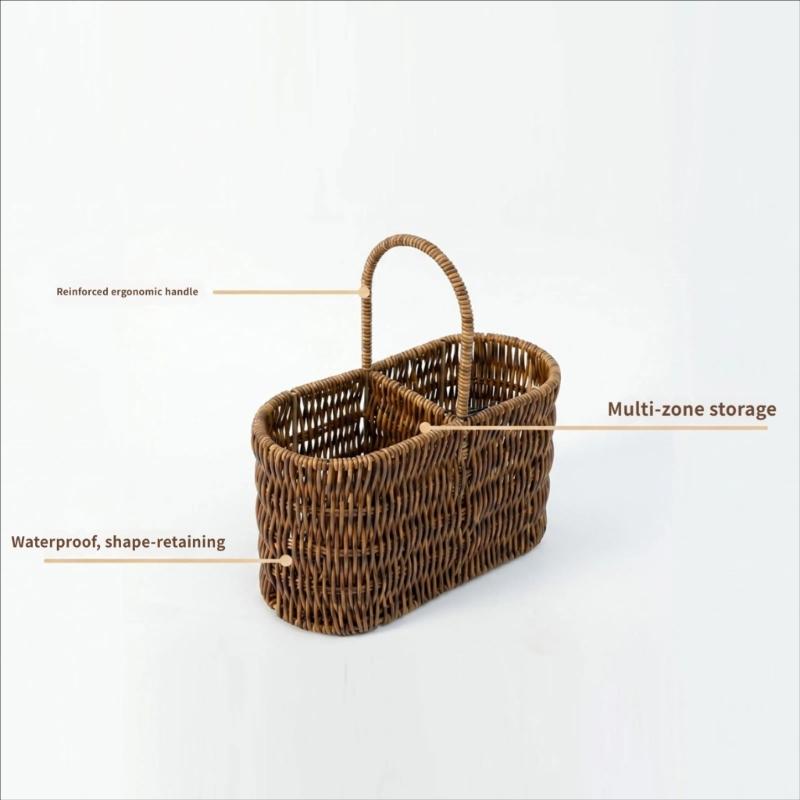 Portable Tableware Basket with Top Handle, Artificial Wicker PE Flatware Holder for Dining Table Service, Counter Storage, and Outdoor Meals