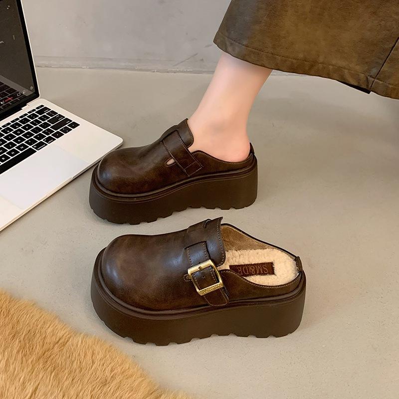 Thick-soled, Height-increasing, Half-slipper Women's Shoes with Fleece and Lazy Half-slipper