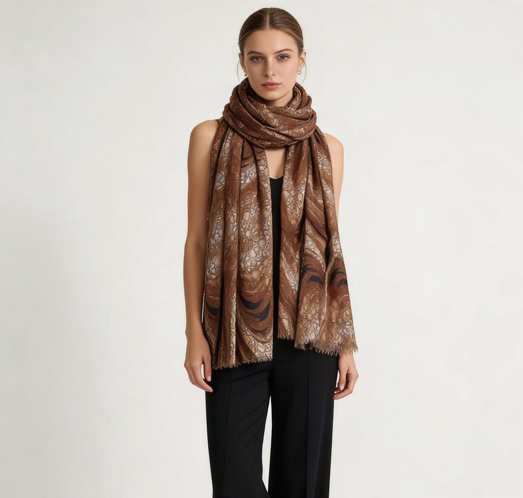 Sciarpa da Donna di Alta Gamma in Cotone e Lino con Pittura a Inchiostro, Perfetta per Primavera, Autunno e Inverno; Elegante, Caldo e Adatto all'Aria Condizionata.