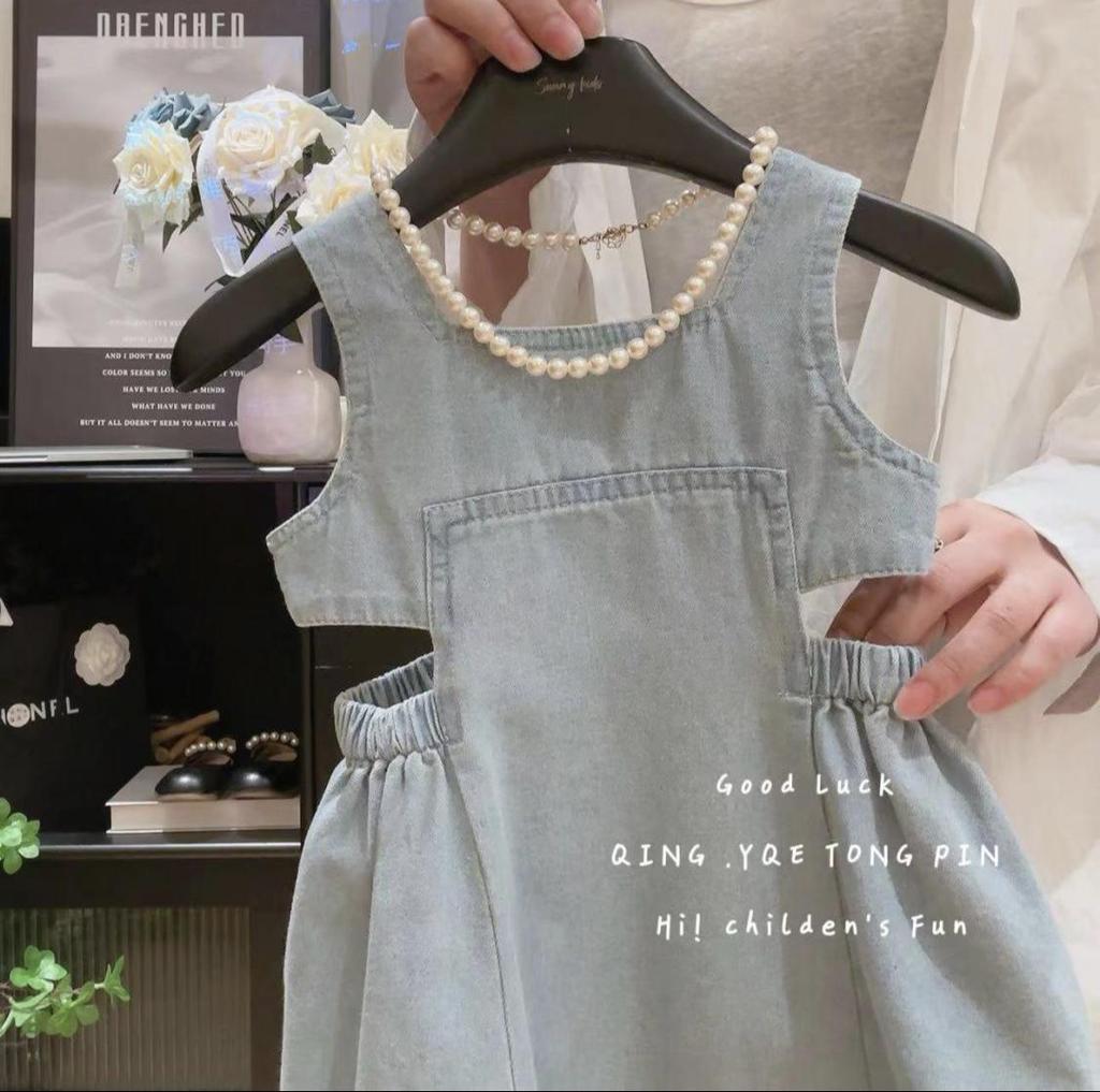 Girls' 2024 Korean-Style Washed Soft Denim Overall Vest Skirt - Summer Fashion