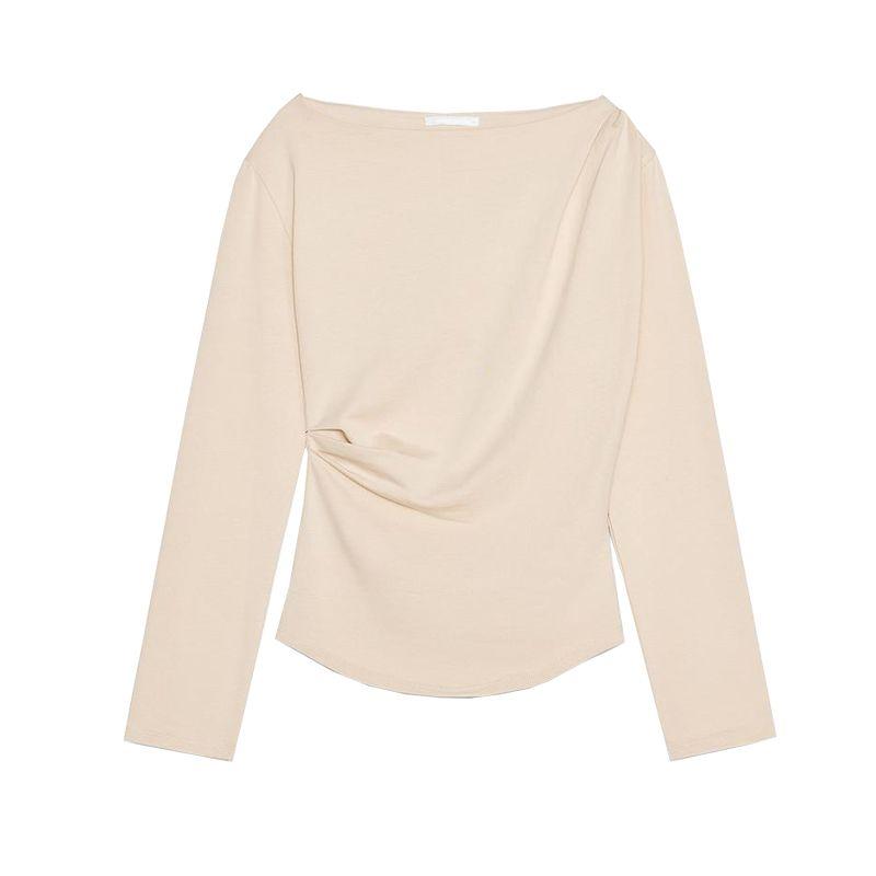 Spring New Women Clothes Gyaru Wind Boat Collar Side Pleat Decorative Long Sleeves Shirt Bottoming Shirt 1198160