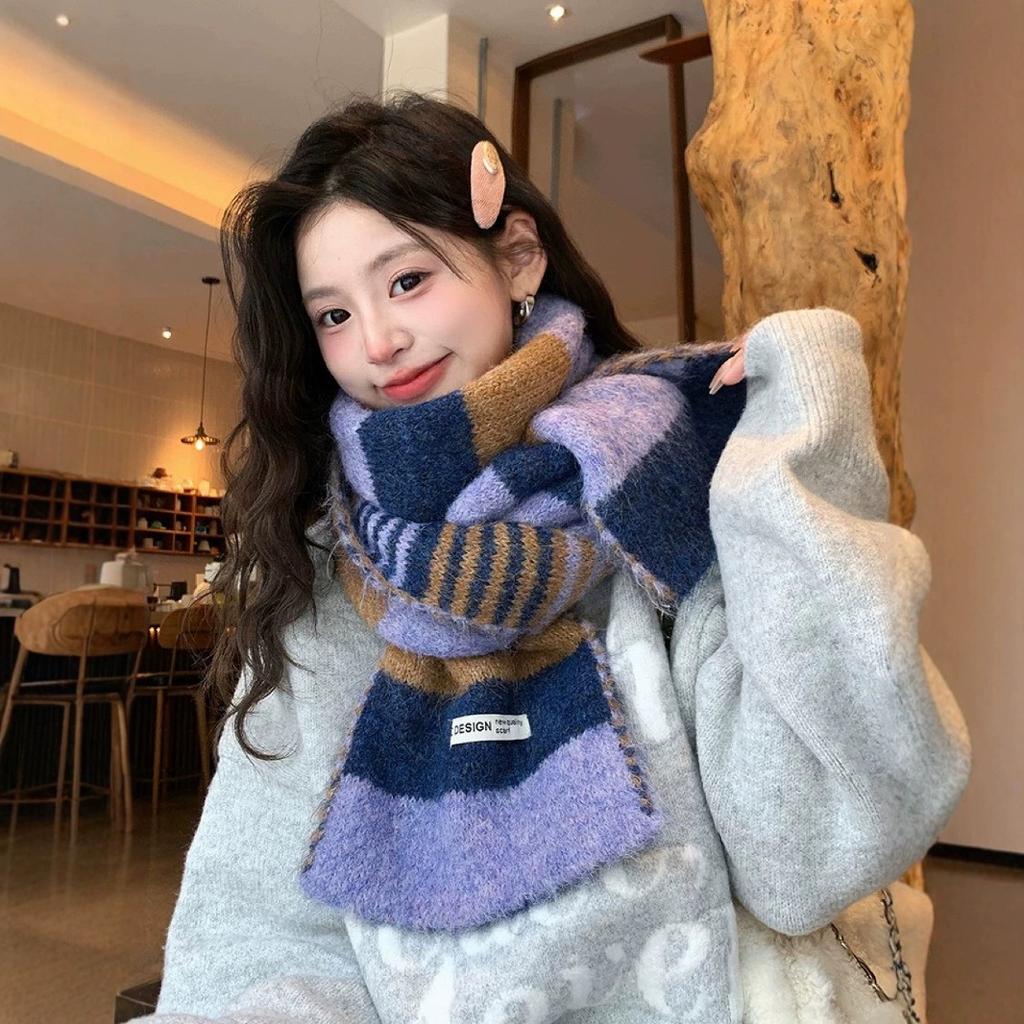 Color-Block Striped Knitted Wool Scarf Korean Style Women's Autumn Winter Versatile Thickened Warm Neck Warmer