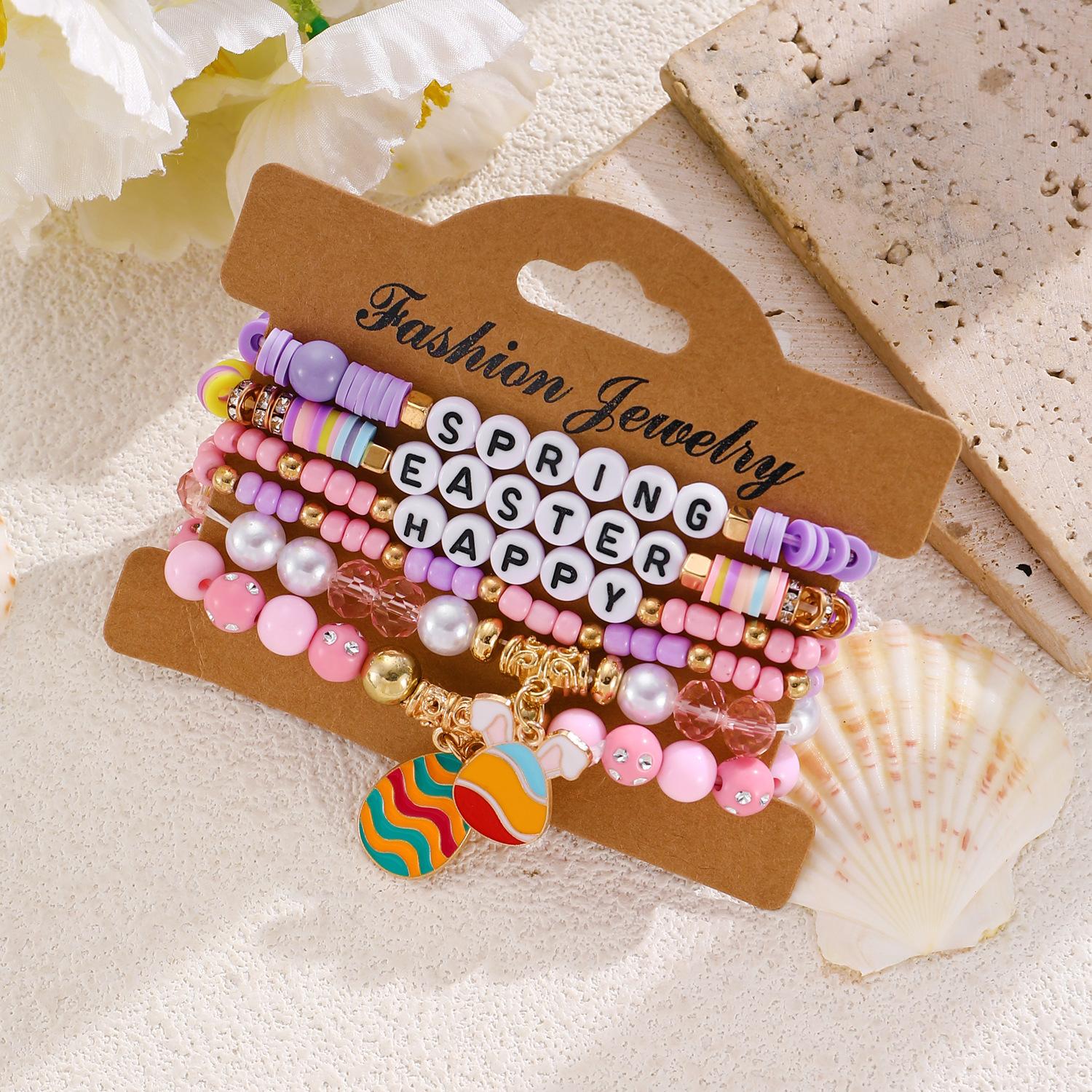 

Easter Bracelet Set Rabbit Easter Egg Wreath Letter Soft Ceramic Bead Bracelet 1 set