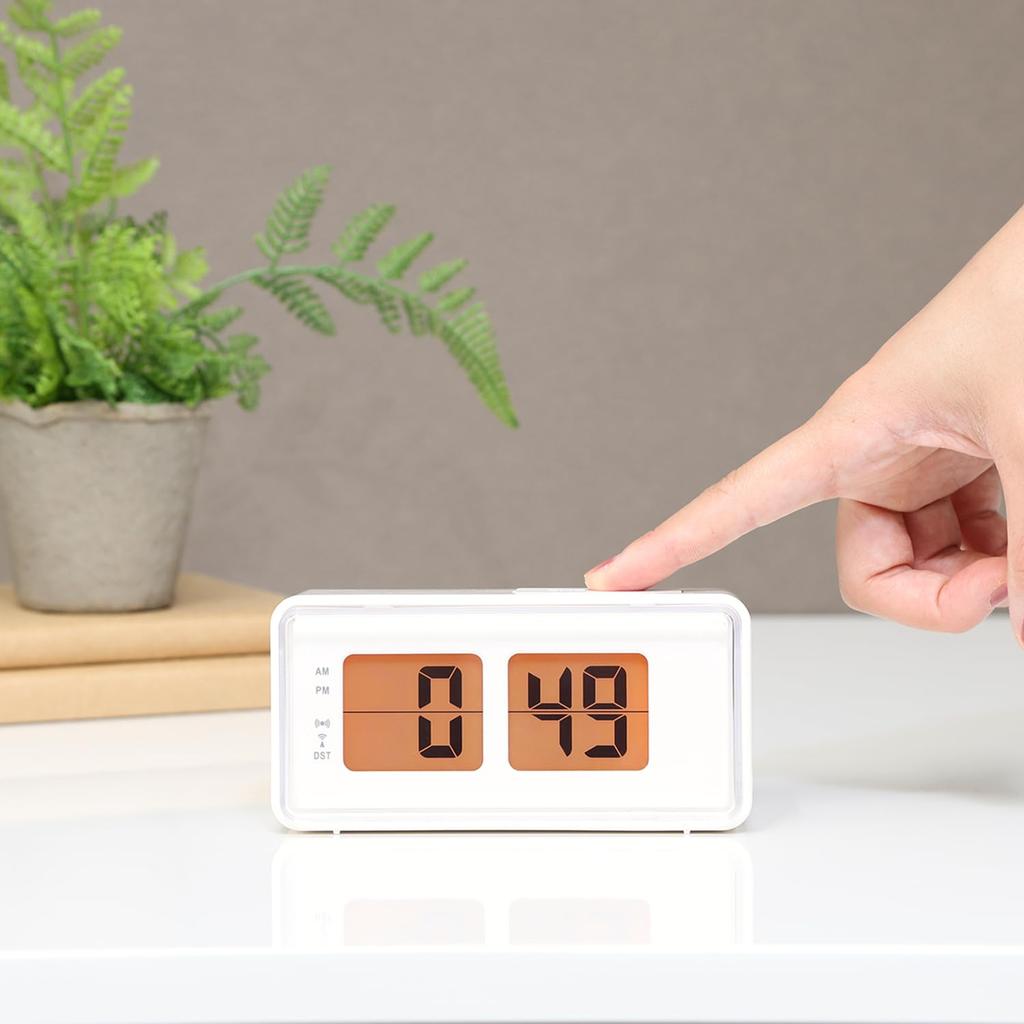 Fuji Boeki Table Clock, Radio-Controlled Digital Alarm Clock, Flip-Style, Snooze Alarm, Backlight, Retro Pop White 60694