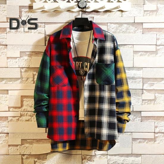 Men Spring Shirt Colorblock Plaid Print Single-breasted Loose Long Sleeve Lapel Buttons Streetwear Casual Cardigan Shirt Coat