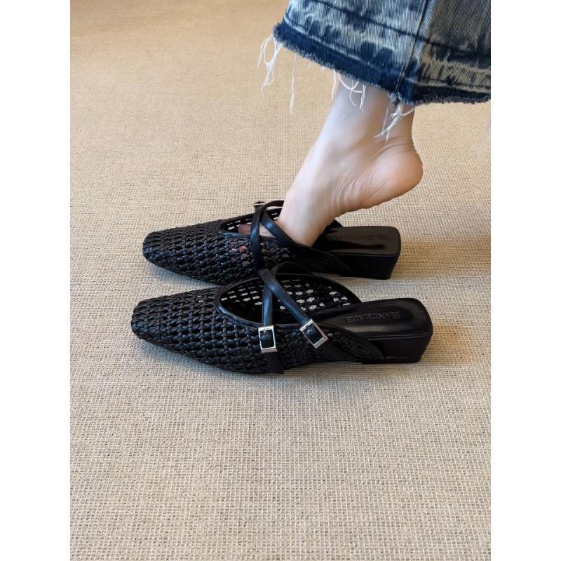 Simple square head woven hollow wedge sandals women's summer versatile outer wear cross buckle bag head slippers women