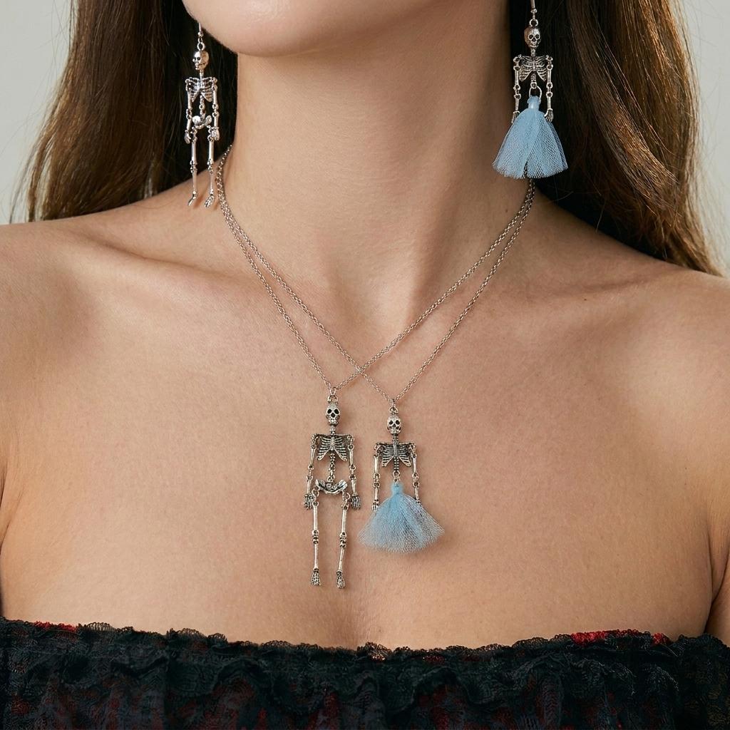Halloween Vintage Skeleton Skull Dangle Earrings Necklace for Women Men Goth Punk Gothic Asymmetrical Earrings Party Jewelry