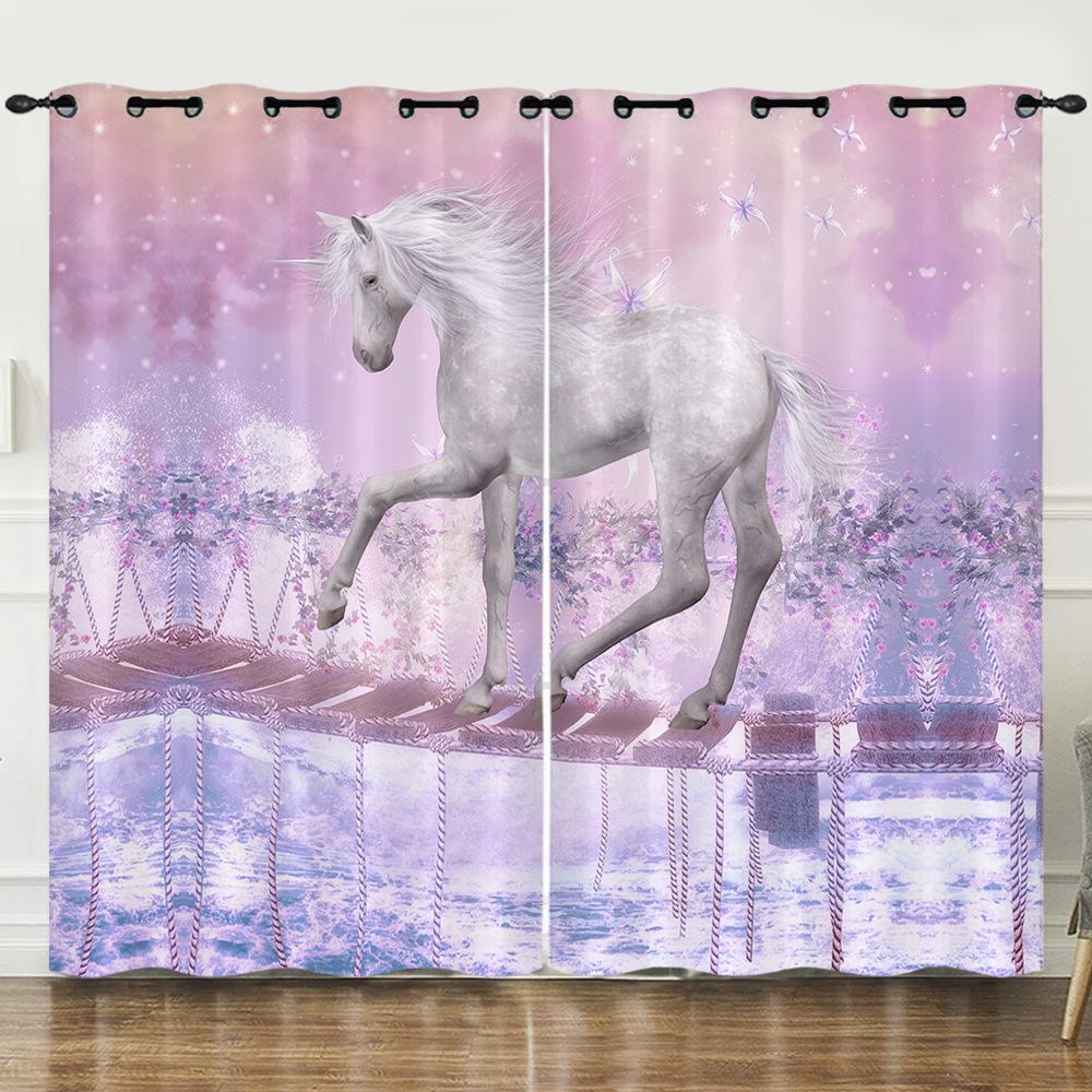 Curtain Cartoon Unicorn Rainbow 3D Digital Printing Blackout Curtain Punching 2pcs*97cm*114cm*2