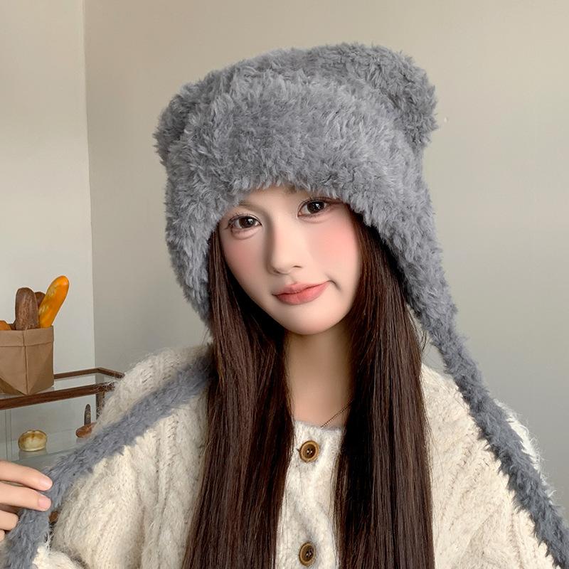 Autumn and Winter Plush Bear Knitted Hat Warm and Ear Protecting Cold Hat Japanese-style Large Head Knitted Hat Panda Element