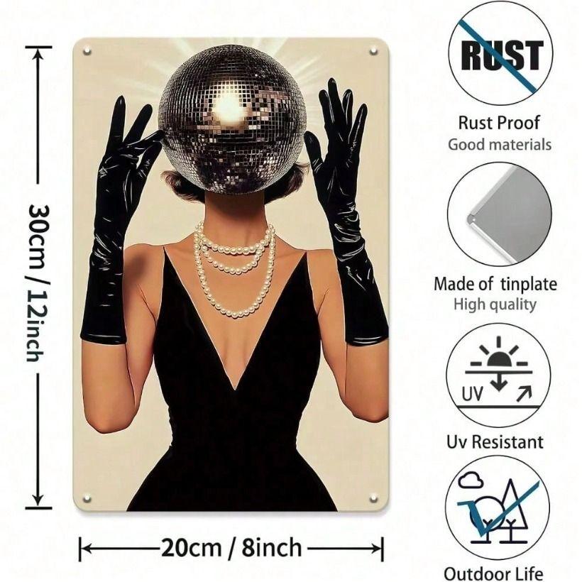 Vintage Retro Metallposter Disco Girl Tanzt Discokugel Wandkunst Heimdekoration