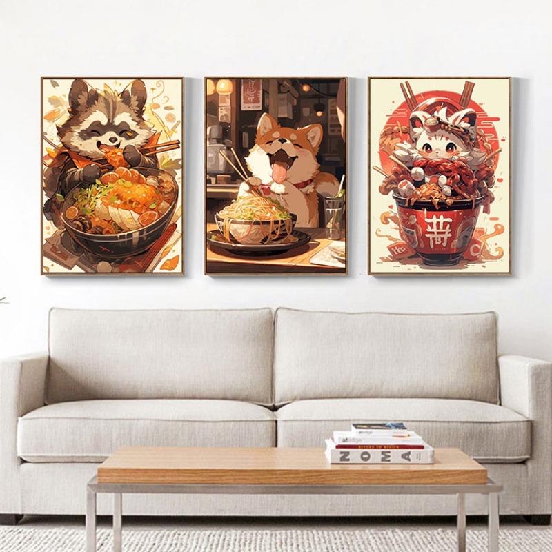 Japanese Noodle Dog Cat Funny Kitchen Ramen Noodles Poster Wall Art Prints Canvas Painting Pictures for Restaurant Home Decor