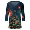 Women's Christmas Print V-Neck Three-Quarter Sleeve Loose Fit Casual Shirt