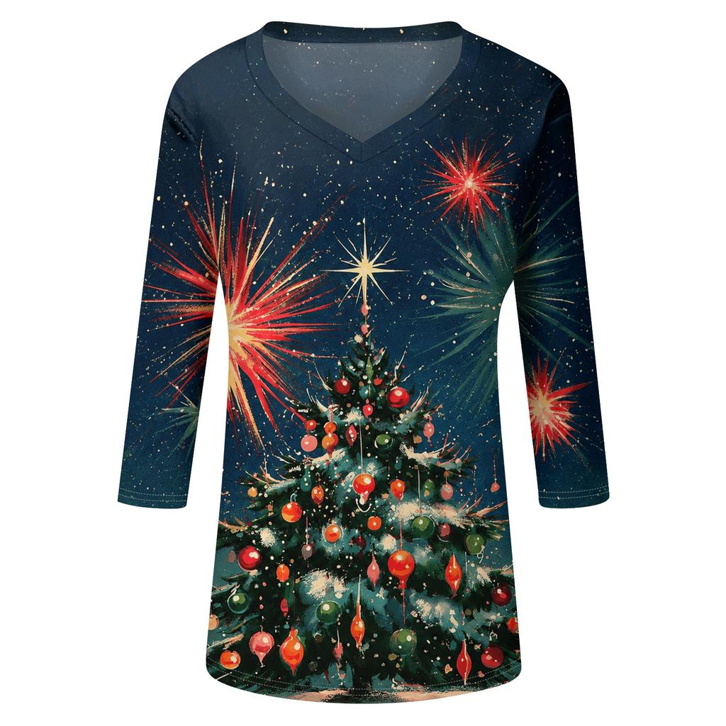 Women's Christmas Print V-Neck Three-Quarter Sleeve Loose Fit Casual Shirt