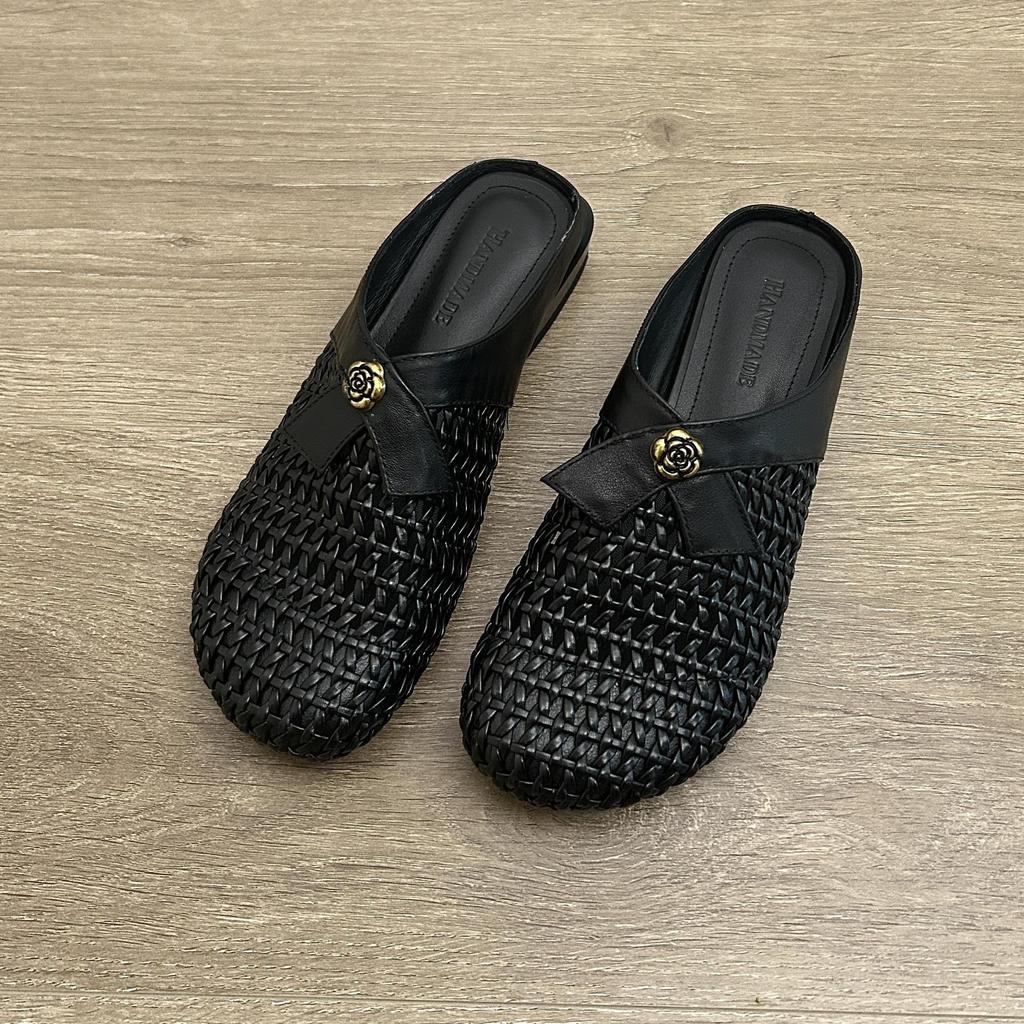 Sheepskin version~ Camellia leather slippers women's wear flat casual half slippers versatile lazy woven shoes