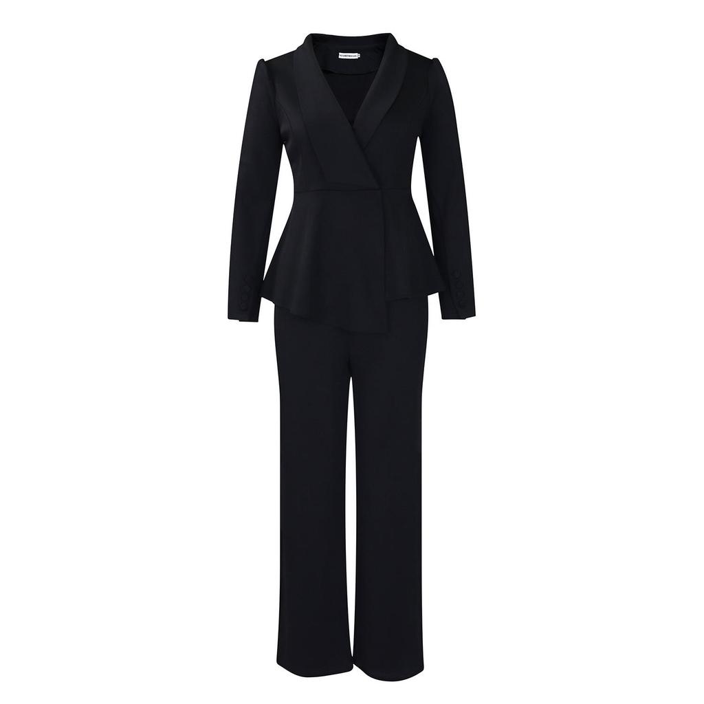 Damen Herbst/Winter 2025 Revers Langarm Top & Weitbeinige Hose Set