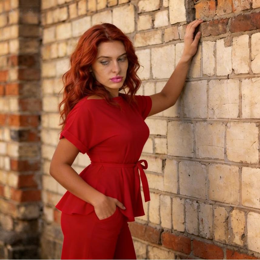 Hot-selling summer solid color straps fashion casual two-piece top high-waisted wide-leg pants M красный