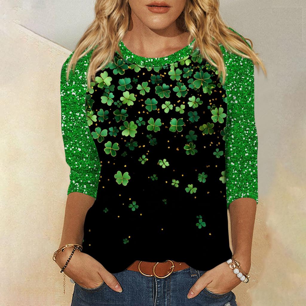 Frauen St. St. Patrick's Day Print Rundhals Dreiviertelarm Oberteil