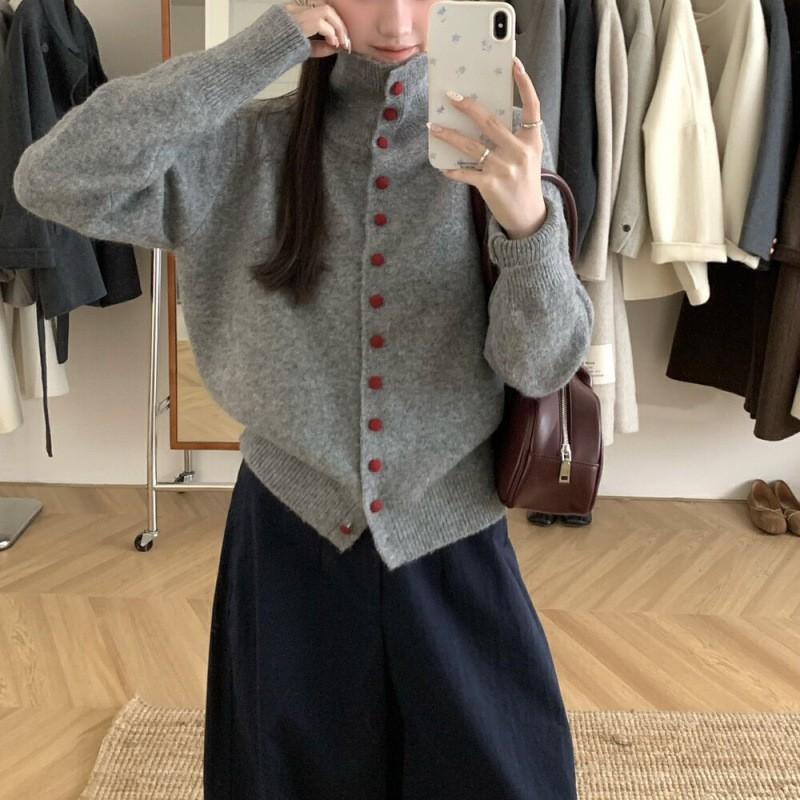 Womens Oversized Knit Cardigan Sweater High Neck Loose Fit Winter 2026 Colorblock Button Front Casual Chic