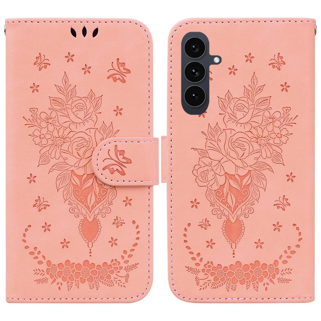 For Samsung Galaxy S25 FE Case Butterfly Flower Imprint PU Leather Wallet Phone Cover with Strap