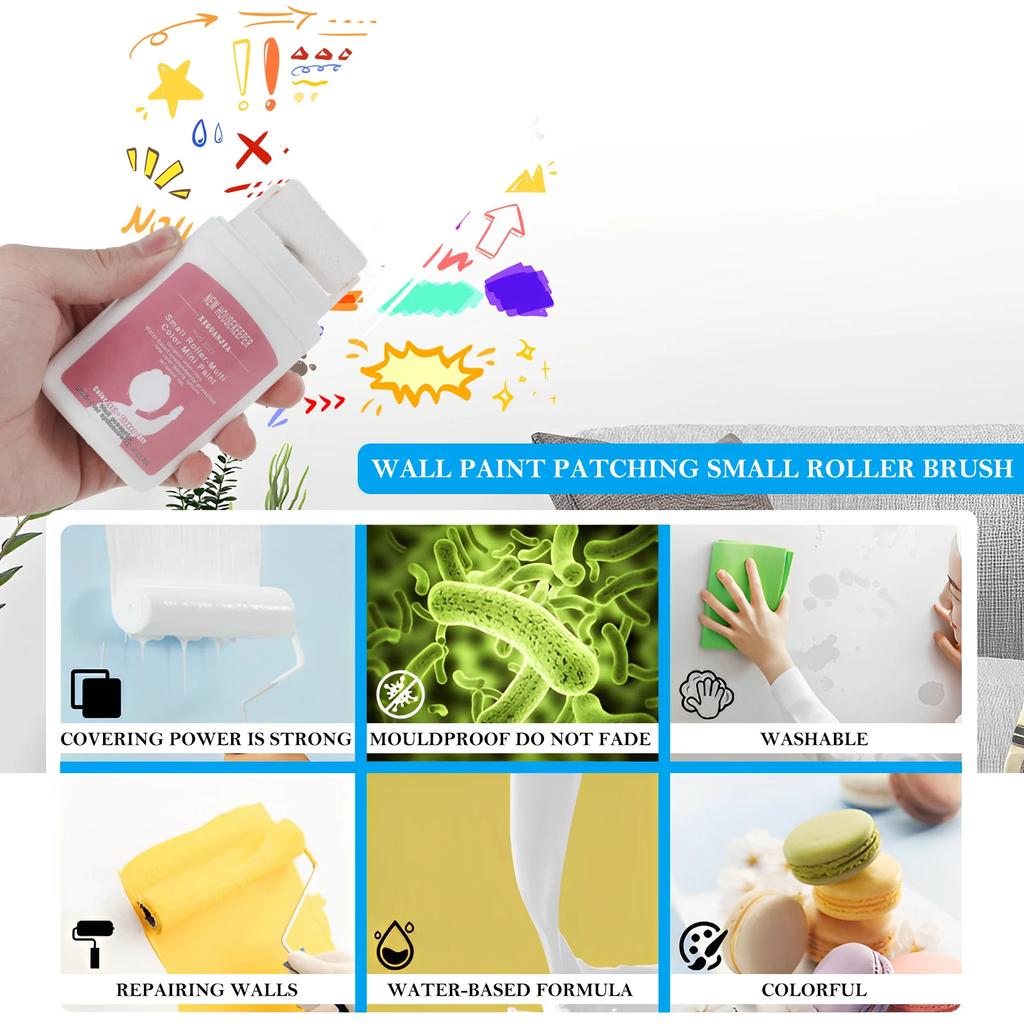 2Pcs Wall Patching Brush with 100g Latex Paint Quick Dry Small Wall Repair Paste Roller Portable Handheld Wall Paint Brush Tool