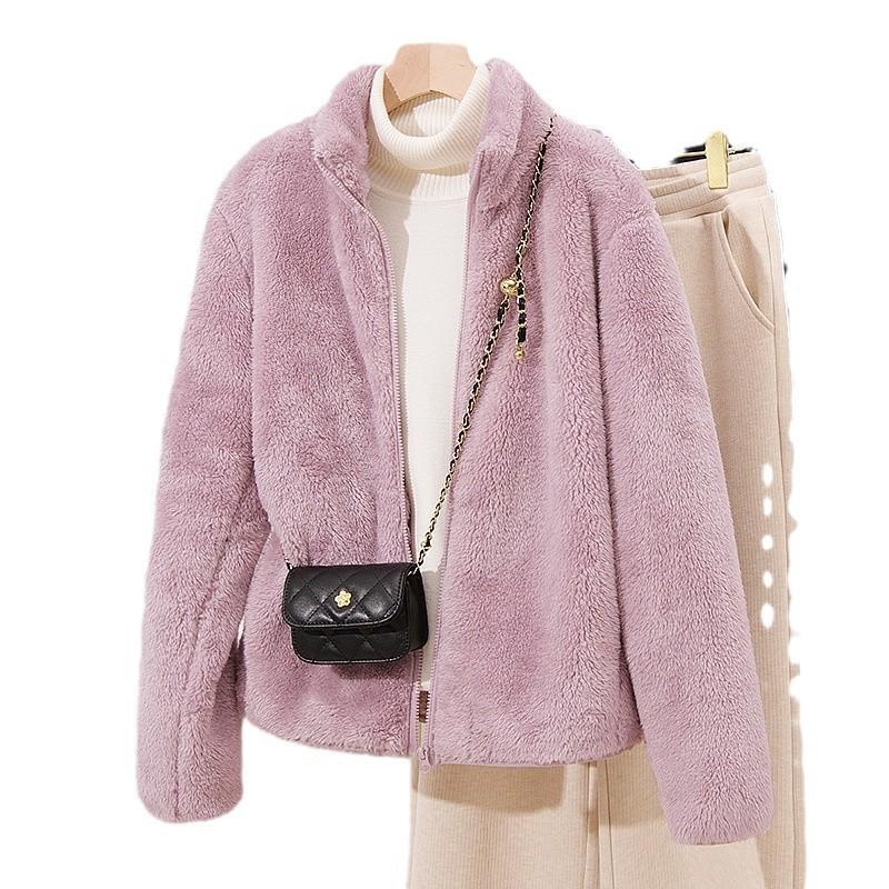 Women's Double-Sided Thick Fleece Jacket, Warm Coral Polar Fleece, Stand Collar, Plus Size, Perfect for Autumn and Winter.